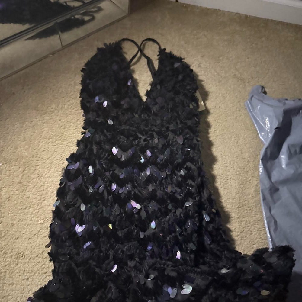 Black Sequin Feather Evening Dress